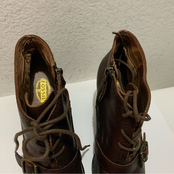 Fossil Charlene Ankle Boots Womens Size 7.5 Brown  Leather Lace Up Buckle Wedge - Picture 5 of 16